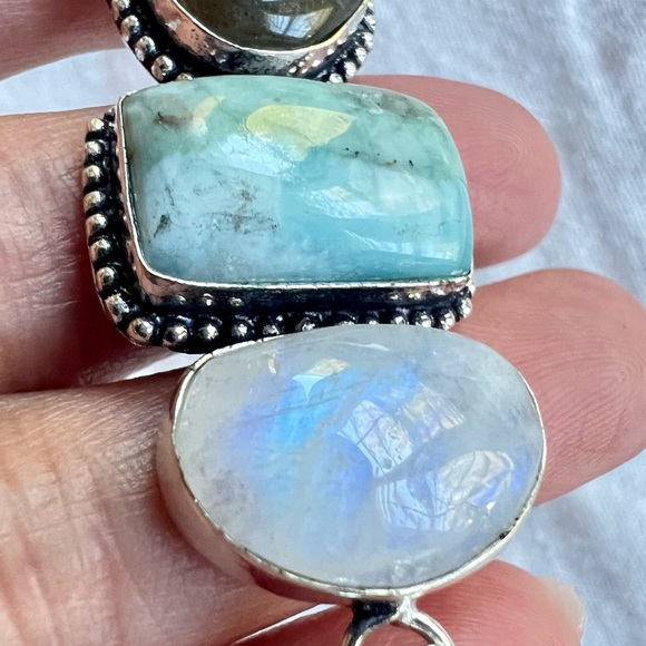 925 Trifecta Rainbow Flash Moonstone + Larimar + Labradorite Pendant Necklace - Picture 9 of 9